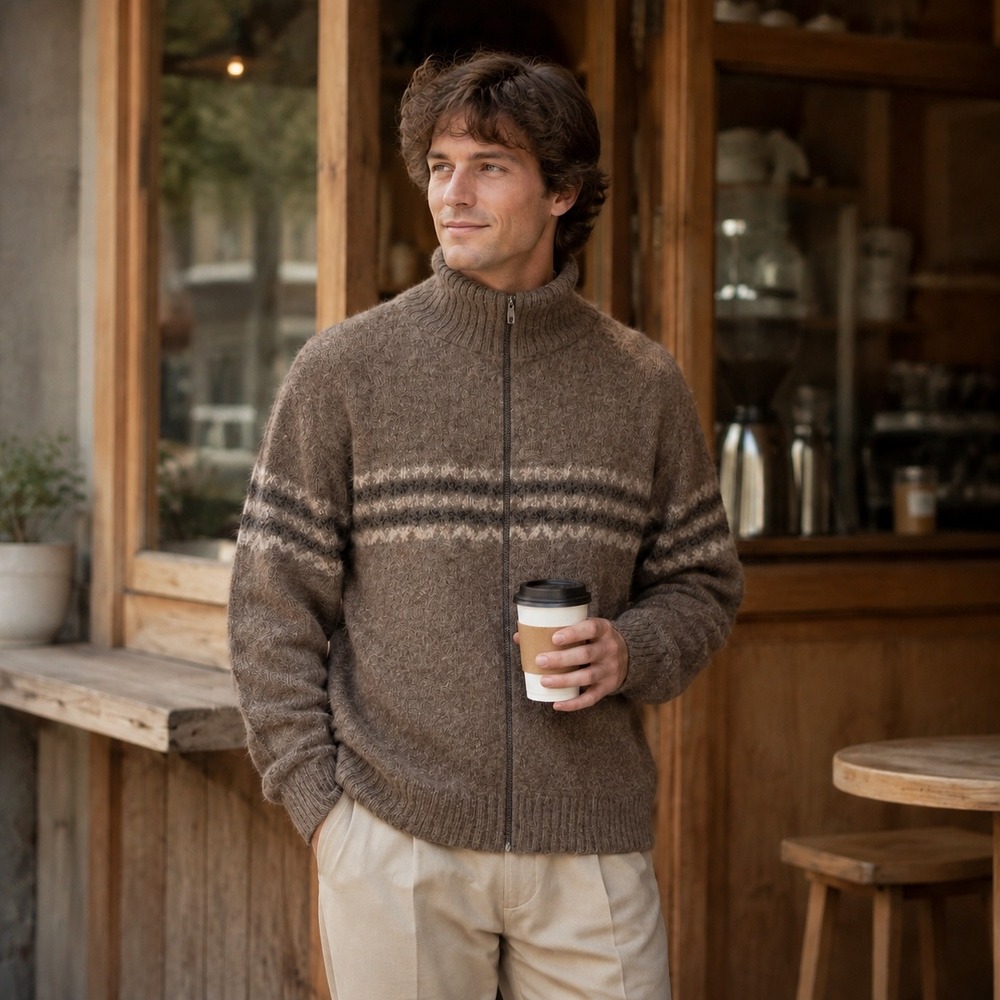 Peruvian Link 100% Alpaca Nordic Zip-Up Sweater Grandpacore Men's L